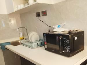 a kitchen counter with a microwave and a sink at Askarium Cozy Haven in Nairobi
