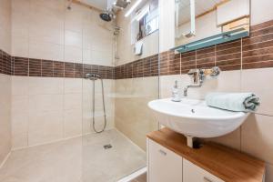 a bathroom with a sink and a shower at Squirrel cottage Chata Veverica in Dolná Lehota +40 photos
