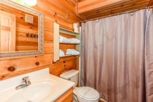 a bathroom with a shower and a sink and a toilet at Serenity in Townsend +8 photos