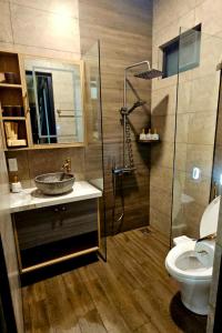 a bathroom with a sink and a shower and a toilet at Palisade Garden in Ấp Thiện Sơn +24 photos