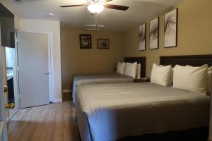 a bedroom with two beds and a ceiling fan at Dumplin Patch Bed & Breakfast in Williams