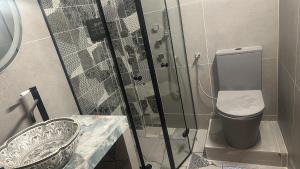 a bathroom with a shower and a toilet and a sink at Szirom apartman in Szeged
