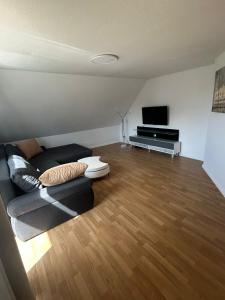 a living room with a couch and a flat screen tv at Sonnennest am Stadtrand in Schwerin