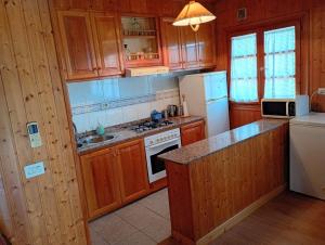 a kitchen with wooden cabinets and a white refrigerator at Casa Carballar in Oia