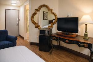 a room with a bed and a tv and a mirror at Sacramento Inn & Suites Cal Expo I-80 in Sacramento