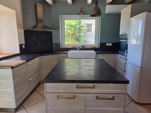 a kitchen with a sink and a white refrigerator at Maison de campagne in Eymet