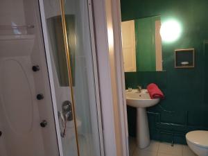 a green bathroom with a sink and a shower at Arthur et Eva - Lit King size - gare - centre - hopital in Abbeville