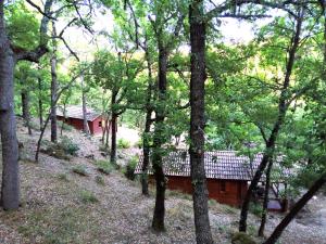 a red cabin in the middle of a forest at Saut du moine in Simiane-la-Rotonde