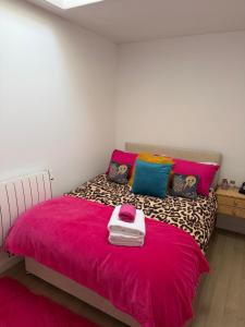 a bedroom with a bed with a pink blanket and colorful pillows at Well St Apartment in Moffat