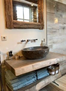 a bathroom with a stone sink on a wooden counter at Unique Accommodation in Twente with Jacuzzi in Borne