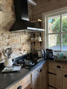 a kitchen with a stove and a stone wall at Unique Accommodation in Twente with Jacuzzi in Borne +22 photos