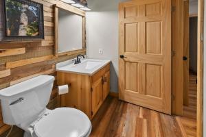 a bathroom with a toilet and a sink and a mirror at Hillside Happiness GameRoom Grill Firepit MORE in Sevierville +38 photos