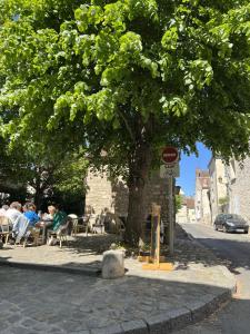 a tree on the side of a street with people sitting at tables at La Maison des Rues Pavées avec jardin by La Boîte En Plus in Senlis