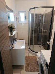 a bathroom with a shower and a sink and a toilet at Apartment Andrija in Šibenik +29 photos