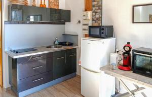 a small kitchen with a refrigerator and a microwave at Location Cosy De Plain-Pied in Audincourt