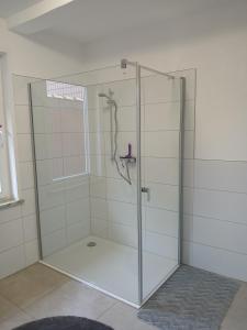 a shower with a glass door in a bathroom at Ferienwohnung Bartölke in Bockenem