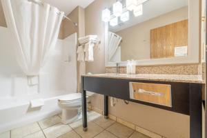 a bathroom with a toilet and a sink at Super 8 by Wyndham Sioux City South in Sioux City +30 photos