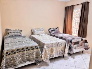 a bedroom with two beds and a window at Casa das Petúnias in Ubajara