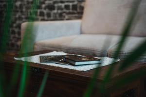 two books sitting on a coffee table in a living room at Wizard's apartment Plovdiv in Plovdiv