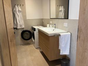 a bathroom with a sink and a washing machine at Hafenapartments Segelschule Mondsee in Mondsee +38 photos