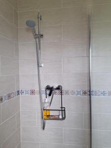 a shower with a shower head with a bottle on a shelf at Au gîte de Marcelle in Labergement-lès-Seurre +18 photos