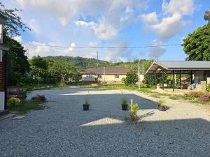 a gravel driveway with potted plants in a yard at แวะมาพักโคกกลอย Wae Ma Phak Khokkoi in Ban Huai Sai