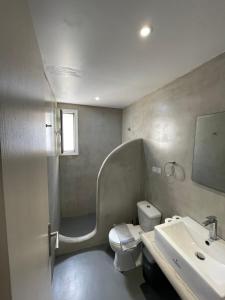 a bathroom with a white toilet and a sink at Passos Rooms in Parikia +31 photos