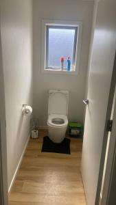 a bathroom with a toilet and a window at Spacious One-Bedroom with Private Bathroom Aotea in Porirua