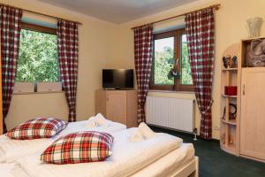 two beds in a room with two windows at 100 m2 Familien 4-Zimmer Apartment mit Terrasse und Burgblick und gratis parken in Maria Enzersdorf +42 photos
