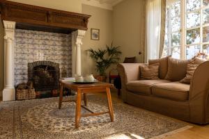 a living room with a couch and a fireplace at B&B Dreamcottage in Knokke-Heist