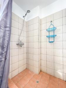 a shower in a bathroom with a shower curtain at Kyparissis Beach house 1 in Lésvos +16 photos