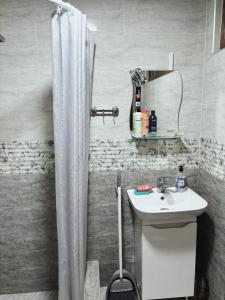 a bathroom with a sink and a shower curtain at Dachi Apartment in Sighnaghi +11 photos