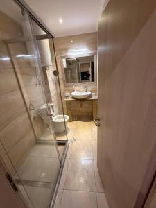 a bathroom with a shower and a sink at Argisht STUDIO 602 in Golden Sands