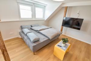 a bedroom with a couch and a flat screen tv at Burgblick Appartement Riesling Gold in Bernkastel-Kues