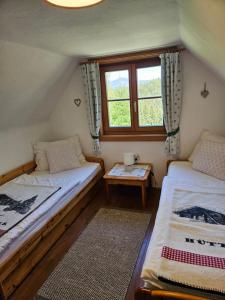 a small room with two beds and a window at Almhütte, Ferienhaus Hadn Hube in Paisberg