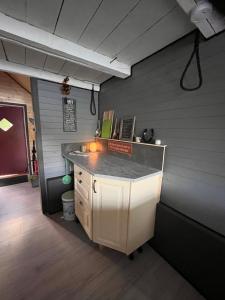 a kitchen with a counter in a room at Villa Vannes in Skånevik