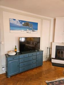 a living room with a blue dresser with a flat screen tv at Furubo in Orkelljunga