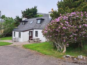 a small white house with a picnic table and flowers at 2 Bed in Lairg oc-75909 in Badcall
