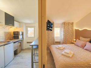 a small apartment with a bed and a kitchen at Studio La Vague - Idéal Couple en Escapade Provence Hors Foules - Marché Samedi à Pied - Bois de la Lare 6km - CENTRE VILLE Auriol - Marseille 27km - Aubagne 11km - WIFI HD - Climatisation in Auriol