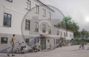 a rendering of a building with a man walking past it at 1 Bedroom Gorgeous Apartment In Ribe in Ribe +3 photos