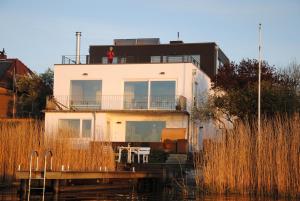 a person standing on the balcony of a house on the water at Fjordhaus Schleiwind in Fahrdorf