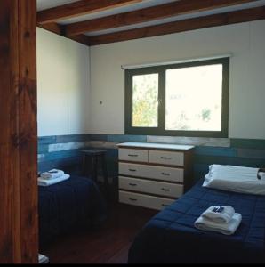 a bedroom with two beds and a window at Cabañas Abedul in Lago Meliquina