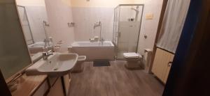 a bathroom with a sink and a shower and a toilet at Il pozzo in Marone