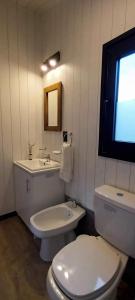 a white bathroom with a toilet and a sink at Tinys Abedul in Lago Meliquina +12 photos