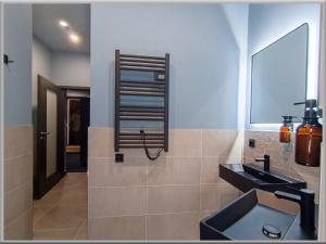 a bathroom with a sink and a mirror at Fabcap Kapsel Apartment in Halle an der Saale