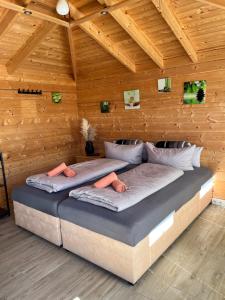 two beds in a room with wooden walls at Ferienhäuser Radebeul "Sommerresidenz" in Radebeul