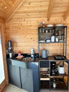 a kitchen in a cabin with wooden walls at Ferienhäuser Radebeul "Sommerresidenz" in Radebeul