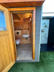 a bathroom with a sink and a toilet in a house at Ferienhäuser Radebeul "Sommerresidenz" in Radebeul