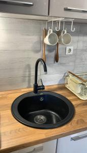 a kitchen counter with a black sink and utensils at Apartments Arina in Krašići +87 photos