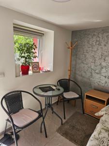 a living room with a table and chairs and a bed at Apartman Centar in Srbobran